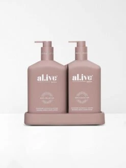 Raspberry Blossom & Juniper Wash & Lotion DUO + Tray -Household Items Discount al ive raspberry blossom natural hand body lotion pack 2
