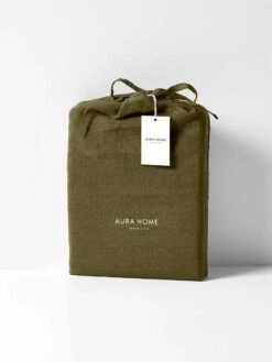 Emile Linen Fitted Sheet - Bronzed Olive -Household Items Discount emile pure linen flat sheet bronzed olive packaging 3