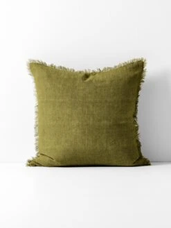 Vintage Linen Fringe Cushion - Olive