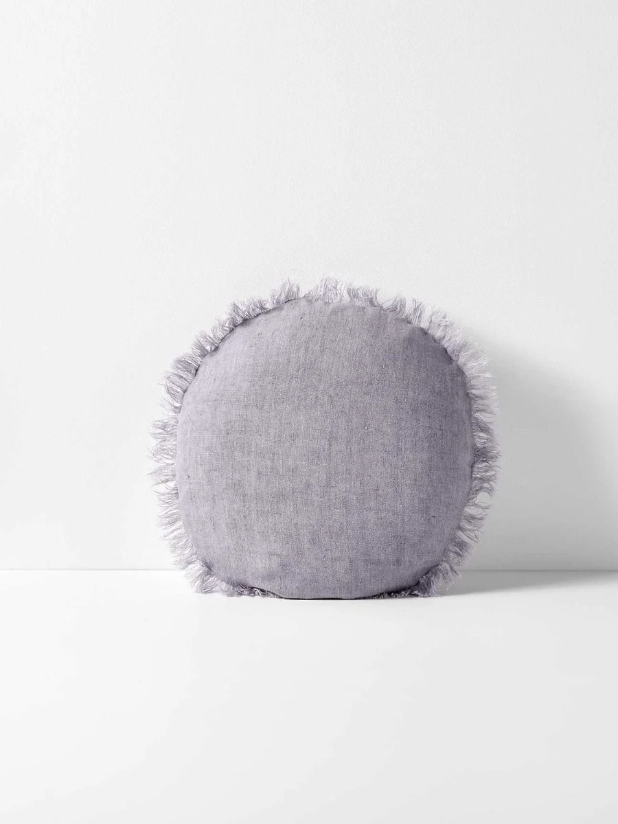 Vintage Linen Fringe 45cm Round Cushion - Lavender