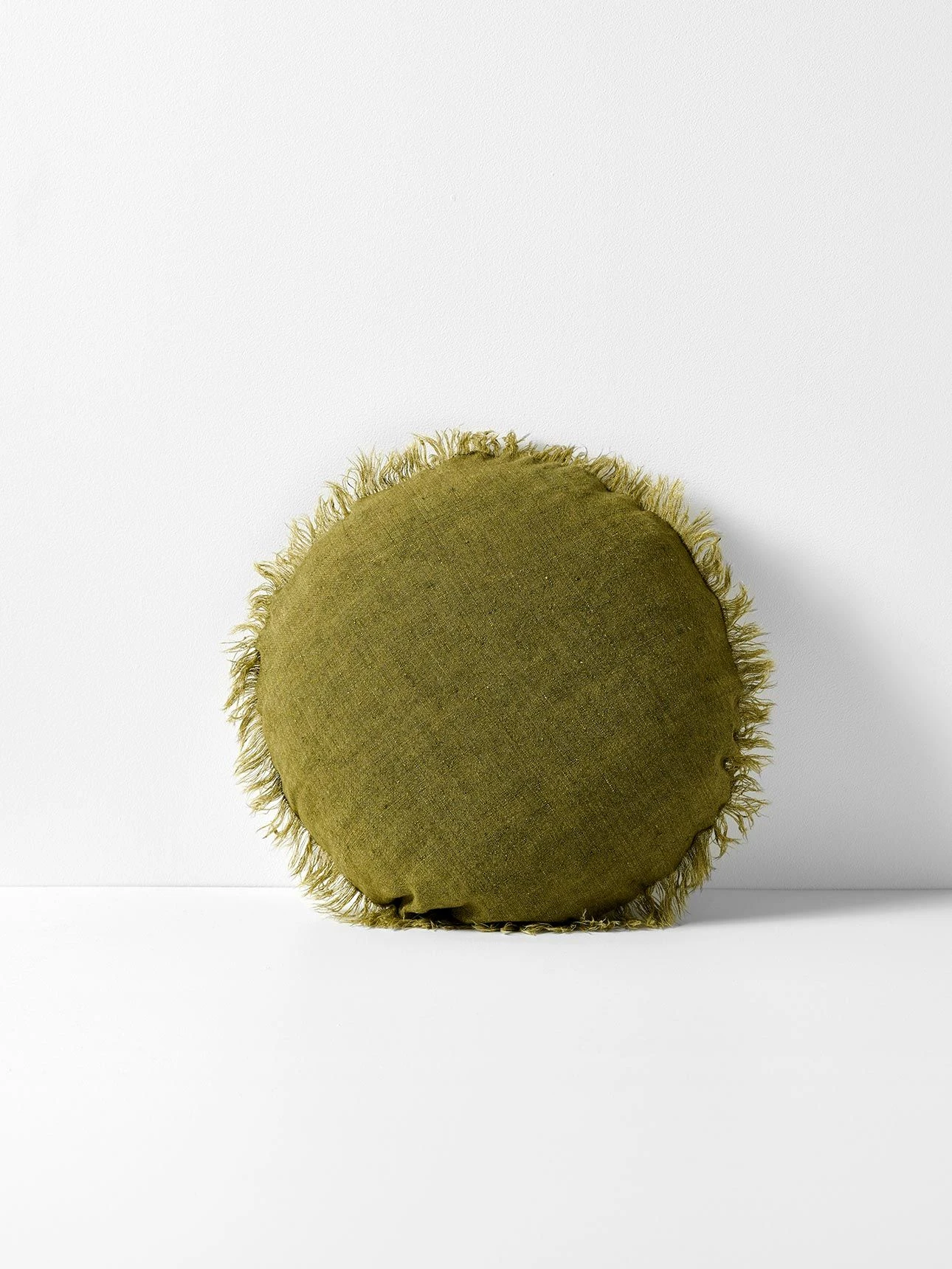 Vintage Linen Fringe 45cm Round Cushion - Olive 3 Vintage Linen Fringe 45cm Round Cushion - Olive